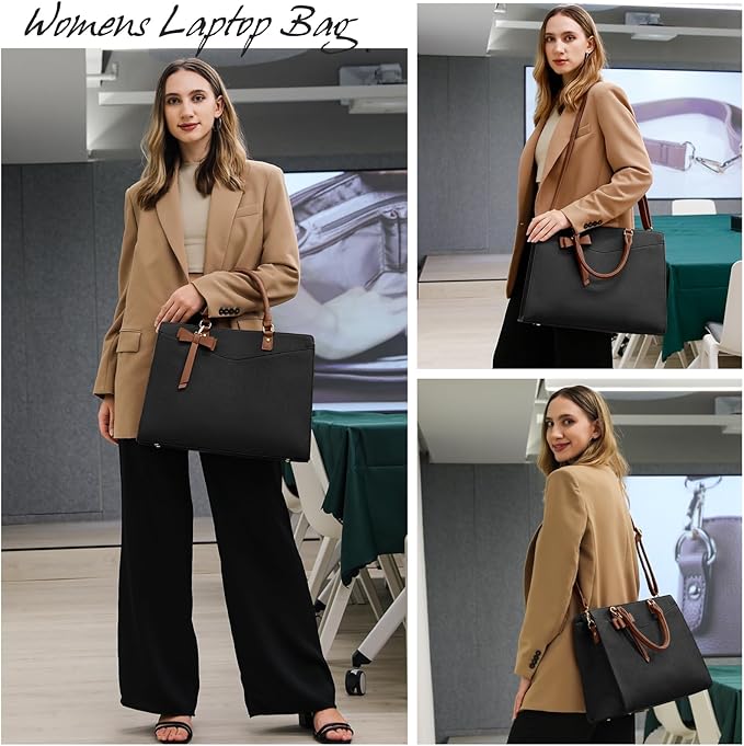 RAINSMORE Laptop Bag for Women 15.6 Inch PU Leather Laptop Tote Bag Professional Business Office Briefcase Waterproof Work Bag Computer Tote Bag Large Lightweight Handbag Shoulder Bag