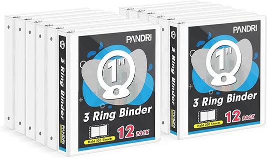 3 Ring Binder 1 Inch, PANDRI 12 Pack 1-Inch Binder Fits Letter Size 8.5'' x 11'' Paper, Versatile Binders for Office Home School, 2 Pockets, White