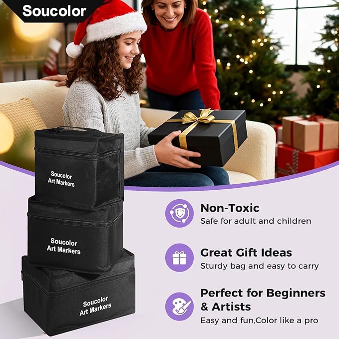 Soucolor Alcohol Markers 100 Colors with Case & Holders, Dual Tips Chisel & Fine Art Markers for Adult Coloring Kids Drawing, Artist Markers Art Supplies for Blending Sketching