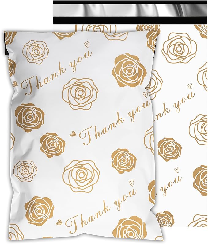 Thank You Poly Mailers 10x13 Inch 100 Pcs - Gold Rose Printed Shipping Bags for Clothing - Waterproof and Tear Resistant Mailing Envelopes - Self-Sealing Packaging Bags for Small Business