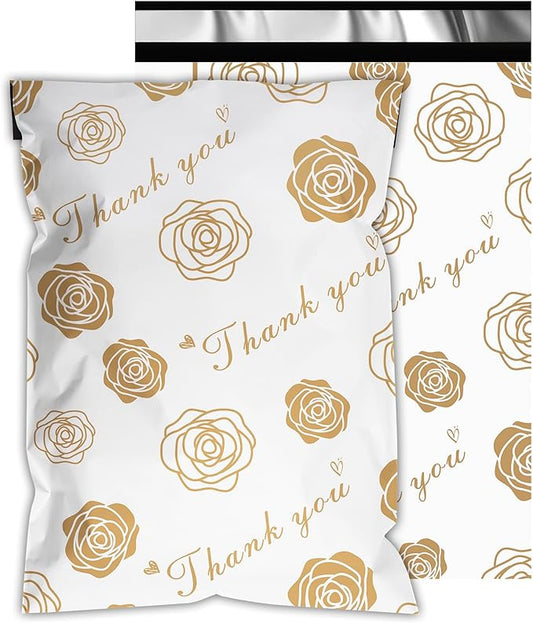 Thank You Poly Mailers 12x15.5 Inch 50 Pcs - Gold Rose Printed Shipping Bags for Clothing - Waterproof and Tear Resistant Mailing Envelopes - Self-Sealing Packaging Bags for Small Business
