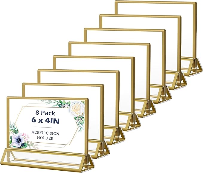 Acrylic Sign Holders Golden Border 8 Pack 6x4 Wedding Table Number Frames Double Sided Table Menu Stands with Horizontal Stand, Photos and Art Display