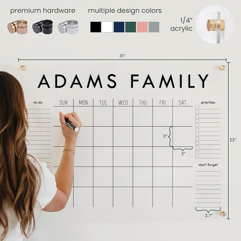 Personalized Clear Acrylic Calendar for Wall, Calendar Whiteboard for Wall, Dry Erase Wall Calendar, Wall Calendar Organizer System for Home (Block, Navy, 31"W x 23"H)