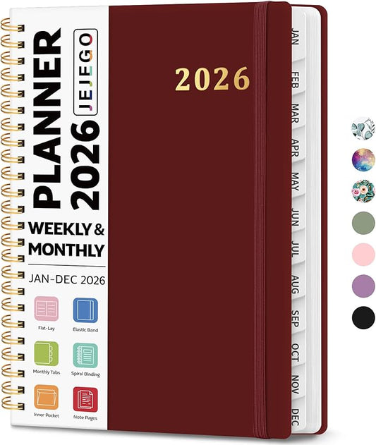 2026 Planner, Weekly and Monthly Calendar Planner Book, January 2026 - December 2026, Hardcover Spiral Planner with Monthly Tabs, Notes Pages, Perfect for Women & Men, A5 (6.4" x 8.5") - Burgundy