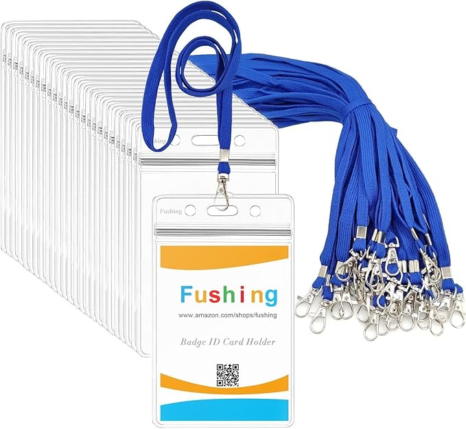 Fushing 50pcs Clear Plastic Vertical Name Tags Badge ID Card Holders and Blue Neck Lanyards with Swivel Hook for School, Festival, Event (M)