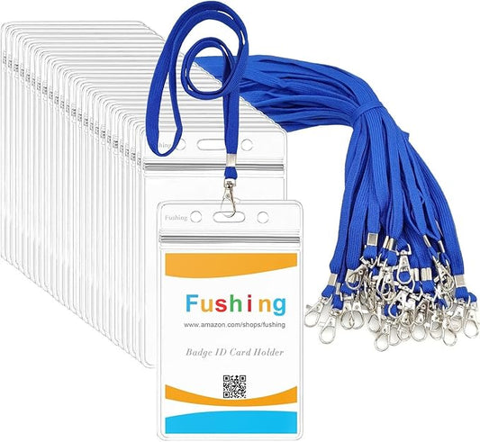 Fushing 50pcs Clear Plastic Vertical Name Tags Badge ID Card Holders and Blue Neck Lanyards with Swivel Hook for School, Festival, Event (S)