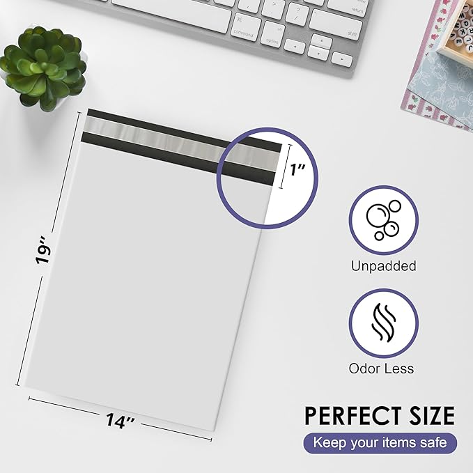 White Large Poly Mailers 14.5x19 Inch | Strong Adhesive Self-Seal Mailer Bag | Tear, Tamper, Water Resistant Shipping Envelopes | Thick Strong polymailer Bags | Clothing Shipping Bags | 500 Pcs Bulk