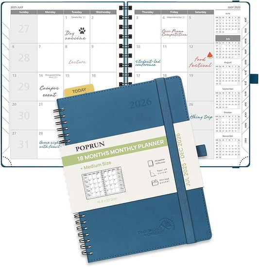 POPRUN Monthly Planner 2025-2026 Spiral Bound (6.5" x 8.5") 18 Months Calendar (Jul 2025 - Dec 2026) - 4 Pages per Month with Monthly Expense & Notes, Sunday Start, Leather Cover - Night Sky Blue