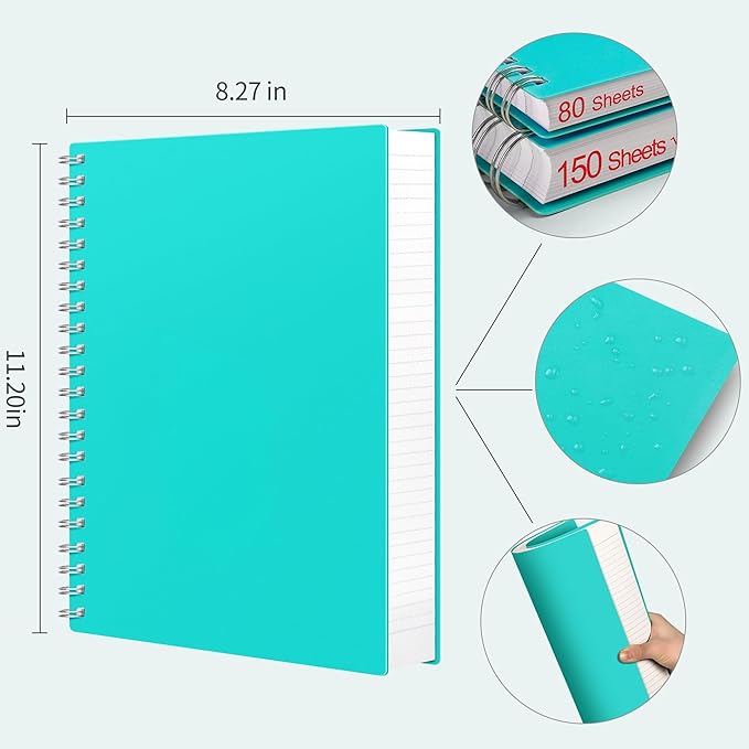 AHGXG Spiral Notebook 8.5" x 11" - Large Spiral Journal A4 Notebook College Ruled, 300 Pages Writing Journal for Work, 100GSM Thick Paper, Plastic Hardcover, for Women Men Office School, Lake Blue
