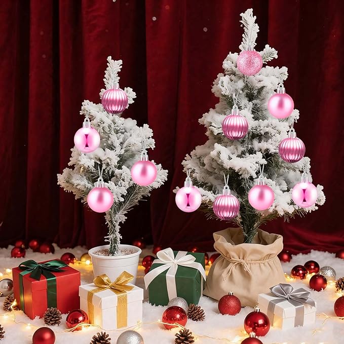Set of 24 Mini Pink Ornaments for Mini Tree, Small Pink Christmas Ornaments Balls for Christmas Tree, 1.2 inch Tiny Plastic Shatterproof Hanging Bulbs Xmas Valentine Party Indoor Outdoor Decorations