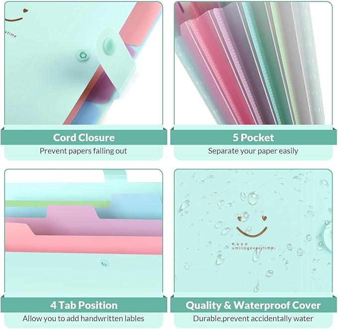 SKYDUE Expanding File Folder with 5 Pockets, Cute Accordion File Organizer, Letter Size Filing Folder, Portable Paper Receipt Organizer, School Office Supplies Green