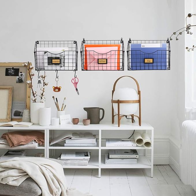 X-cosrack 3-Tier Hanging Wall Files Rack with Door Hooks and 6pcs S Shape Hooks, Over the Door File Organizer &Mounts on Wall Metal Folder, with Tag Slot Great for Office Home and Work- Black