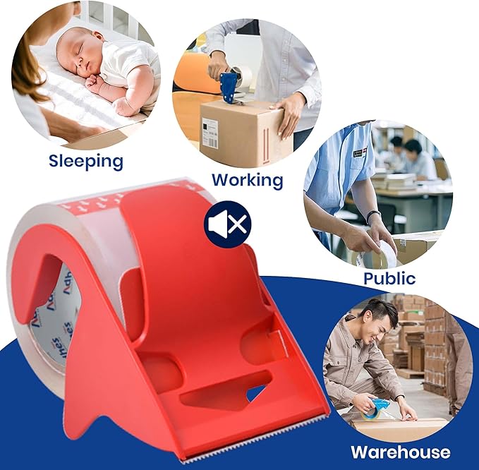 ADHES No Noise Shipping Packing Tape, 48mm x 20m, 12 Tape Rolls with Dispensers, Heavy Duty Packing Tape for Moving Boxes-Moving Tape Strong Adhesive Packaging