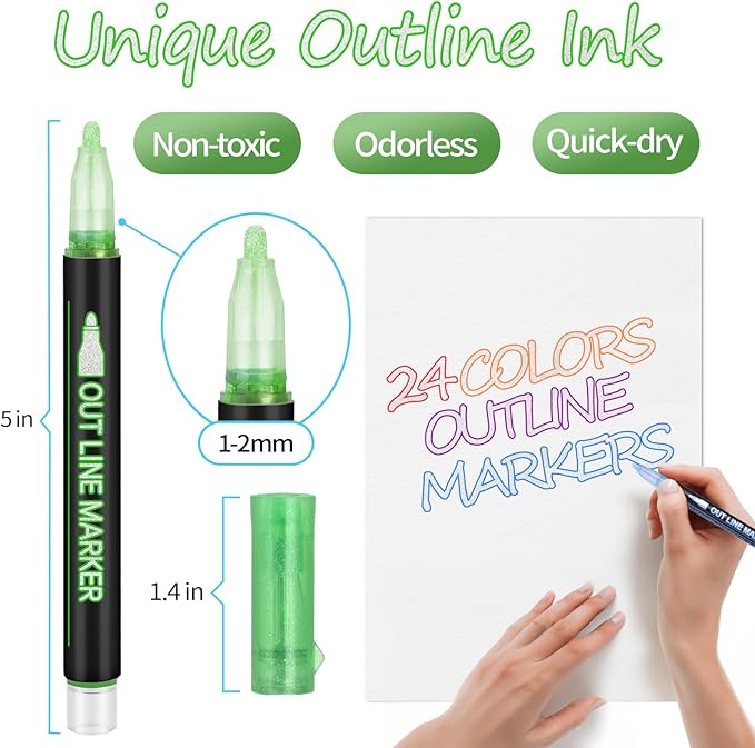 Shimmer Markers for Doodling Outline Pens – 24 Cool Marker Art Supplies for Girls Ages 8-12, Dazzling Metallic Glitter Outline Marker pens for Card Making Art Craft Super Squiggle Double Line Markers