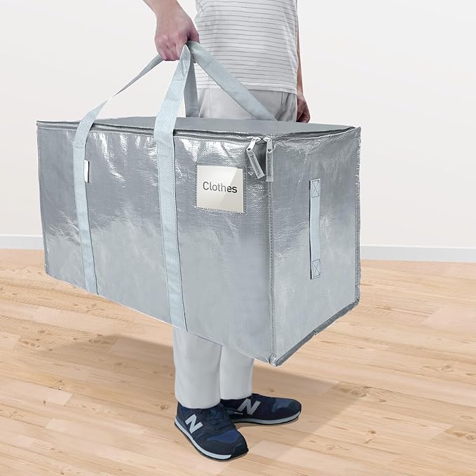 TICONN 4 Pack Extra Large Moving Bags with Zippers & Carrying Handles, Heavy-Duty Storage Tote Moving Boxes for Space Saving (4 Pack, Light Grey)