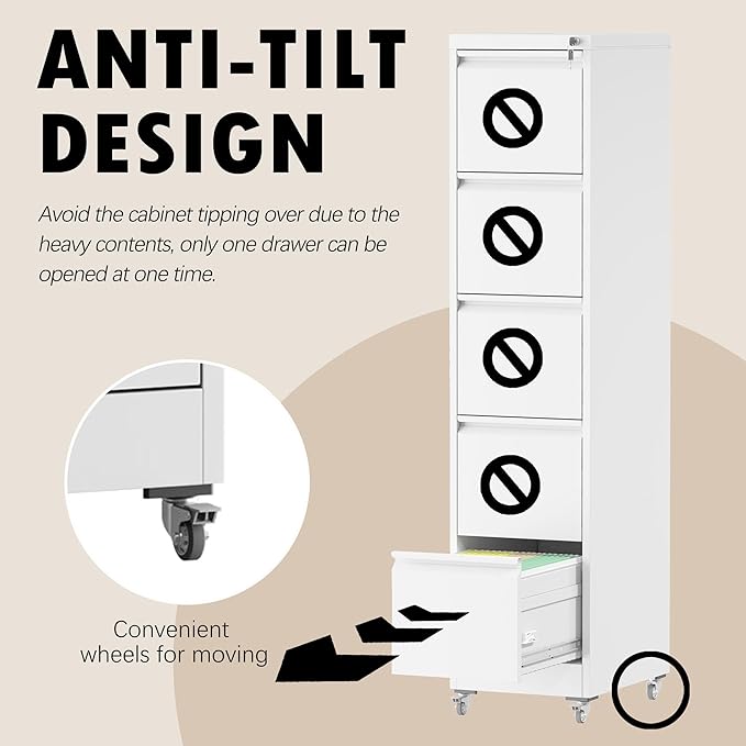5 Drawers Filing Cabient with Wheel, File Cabinet with Lock, Steel Vertical Filing Storage Cabinet for Office, Heavy-Duty File Cabinets for Letters/Legal/A4 (Require Assembly, White)