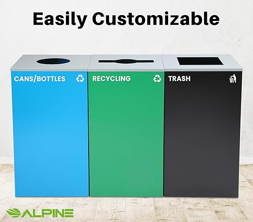 Alpine Commercial Indoor Recycle Bin - 29 Gallon Modern Looking Black Recycle Bin, Office Recycling Bins, Metal Trash and Recycling Container with Stickers & 3 Optional Lids (lid Sold Separately)
