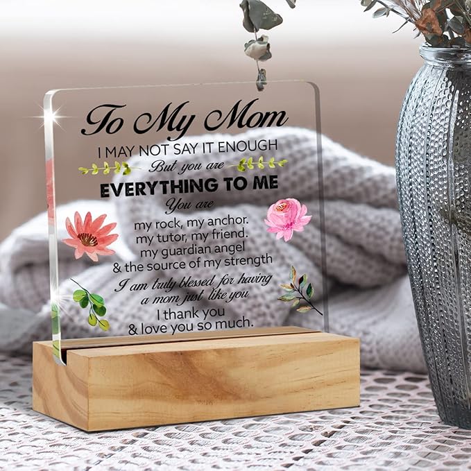 Mother's Day Floral Mom Gift Acrylic Desk Plaque Sign with Wood Stand - Home Office Keepsake