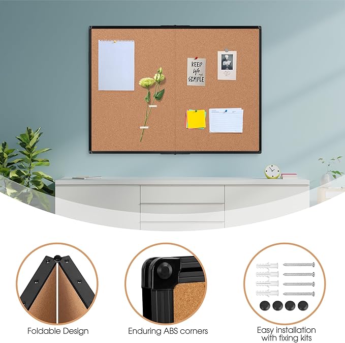 Board2by Cork Board Bulletin Board 36 x 48, Foldable Notice Pin Board for Wall, Black Aluminum Framed 4x3 Corkboard, Large Wall Mounted Office Board with 36 Push Pins for School & Home