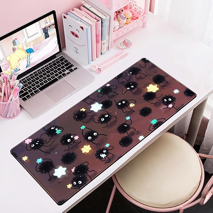 Desk Pad Anime Black Pom Poms Gaming Mouse Pad Large Star Designs Desk Office Decor Exclusive Beautiful Girls Mouse Pad for Women Desktop with Stitched Edges Non-Slip Computer Mat 31.5x11.8In