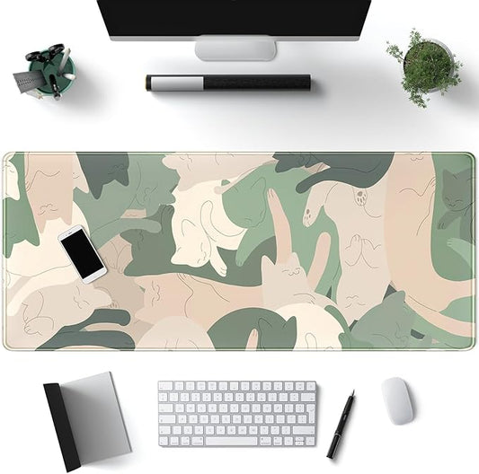 Green Simple Cat Desk Mat Sleeping Cute Long Cool Mouse Pad for Laptop Gaming Computer Keyboard Pad Office Decor Desk Pads Accessories On Top of Desks Office Supplies Mat (31.5x11.8In) Stitched Eges