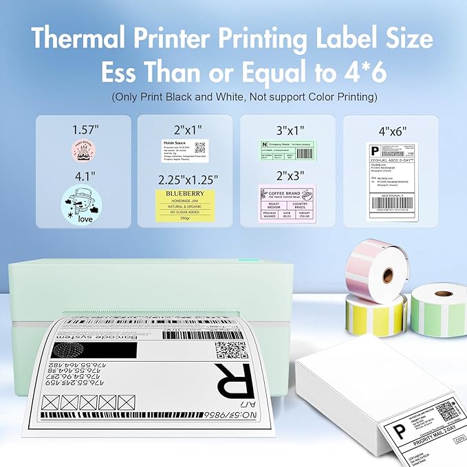 Bluetooth Thermal Shipping Label Printer: 4x6 Wireless Label Maker with Tape for Small Business - Compatible with iPhone, Android, Windows & Mac, Widely Used for USPS UPS Ebay Amazon Shopify, Green