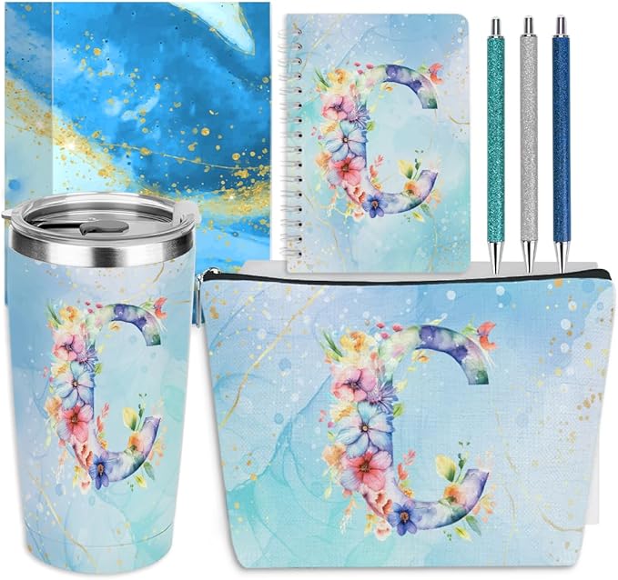 Personalized Gifts Monogrammed Birthday Gifts for Women, Cowerker Wife Sister Wedding Christmas Initial 20 oz Tumbler, Makeup Bag Cup Ballpoint Pens Journal Notebook 6 Set, (Aesthetic Blue Flower C)