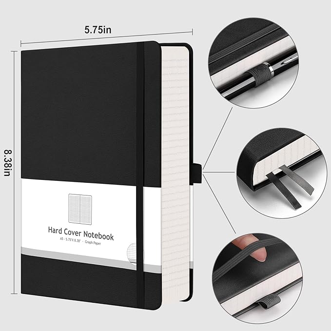 AHGXG Graph Paper Notebook - 320 Pages Grid Notebook Thick Journal A5, 100gsm Thick Graph Paper, Leather Hardcover, Inner Pocket,5.75'' × 8.38''- Black