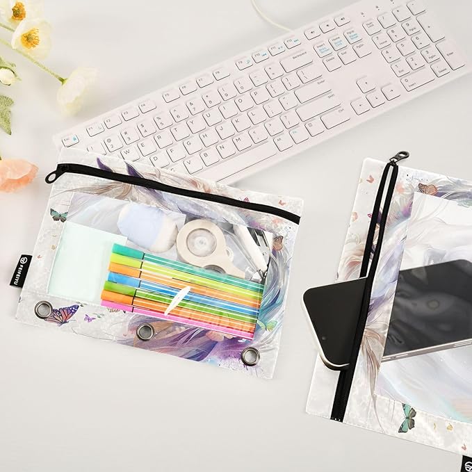White Horse Butterflies Pencil Pouch for 3 Ring Binder, 2 Pack Waterproof Pencil Bags Clear Window Zipper School Office Supplies