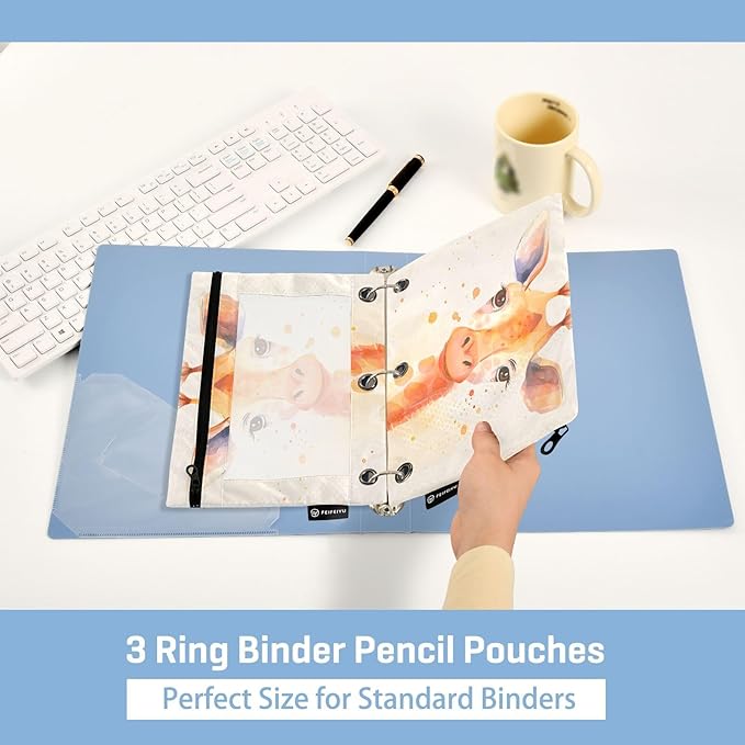 Giraffe Brown Pencil Pouch for 3 Ring Binder, 2 Pack Waterproof Pencil Bags Clear Window Zipper School Office Supplies