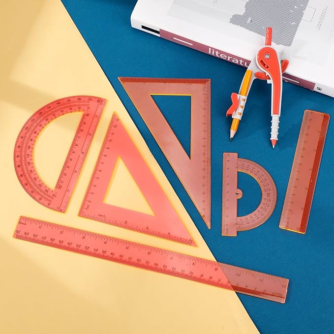 Zonon 1 Set Plastic Geometry Math Set 7 Pcs Includes 6'' / 4 '' Protractor, Drawing Compass, 45/60 Degree Triangle Rulers, 12'' / 6'' Math Ruler Transparent for Office Supplies(Orange)