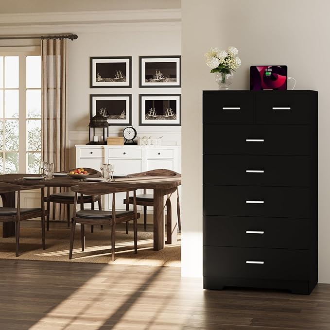 47.3" Tall Dresser for Bedroom Chests of Drawers with Charging Station 7 Drawer Dressers with Metal Slide Rail Modern Wood Closet Organizer with Large Storage for Home Office Entryway