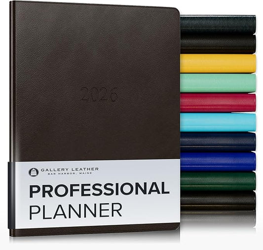 Gallery Leather Professional Weekly Monthly Planner 2026, Elegantly Bound Calendar Planner and Notebook with Stylish Gold-Gilded Page Edges, 12 Months - Monhegan Cocoa - 9 x 7 "