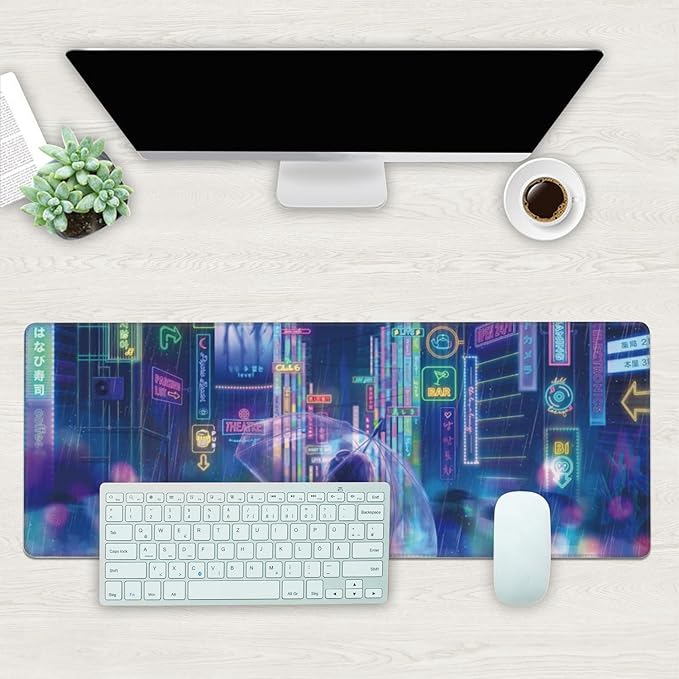 Desk Mat, Neon City Rainy Night Extended Gaming Mouse Pad Large, 31.5"x11.8" Big Mouse Pad with Non-Slip Base and Stitched Edge, Long Computer Keyboard Mouse Mat for Home Office Work