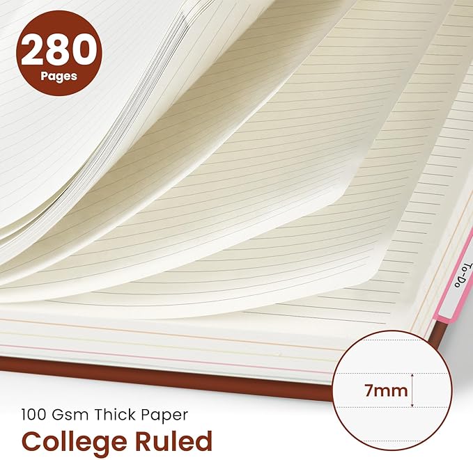 Hardcover Spiral Journal Notebooks for Work With Removable Dividers & Tabs, 8.5"x11" 5 Subject Notebook for Note Taking & Organizer, A4 College Ruled Lined Journal for Women & Writing, Rust Brown, 280 Pages