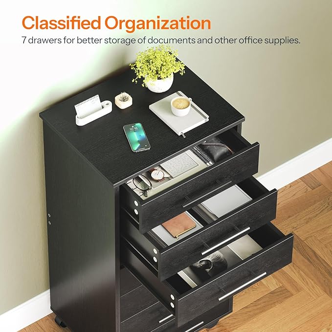HOOBRO 7-Drawer File Cabinet, Wooden Office Cabinet with Drawers, Mobile Storage Cabinet, for Home Office, Study, Easy Assembly, Black BK07WJ01