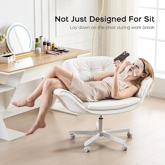 Criss Cross Chair with Armrests & Wheels, PU Leather Vanity Chair, Comfortable Adjustable Swivel Computer Office Desk Chairs for Home, Make Up, Bed Room (White)