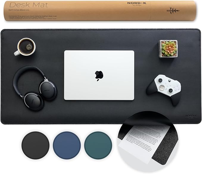 Nordik Felt and Leather Desk Mat Non-Slip - Black - 35 X 17 Inch - Felt and Vegan Leather Desk Pad - Document Organizers - Desk Blotter and Desktop Mat - Desk Protector Laptop Desk Matt for Desktop
