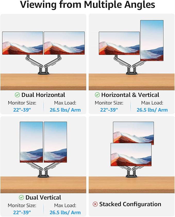 MOUNTUP Dual Monitor Mount Holds 4.4-26.5lbs, Heavy Duty Monitors Arm for 39 37 34 32 27inch, Gas Spring Monitor Stand for 2 Monitor, Height Adjustable Monitors Desk Mount with C-Clamp＆Grommet Base