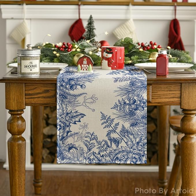 Artoid Mode Monochrome Sketch Holly Pine Cone Christmas Table Runner, Seasonal Winter Kitchen Dining Table Decoration for Home Party Decor 13x72 Inch