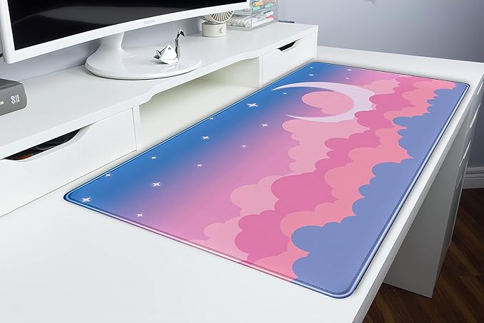 Cute Clouds Desk Mat Kawaii Desk Pad Gaming Mouse Pad Large Blue Sky Deskmat XXL Mousepad, Pink Purple Keyboard Mouse Mat Computer Mat for Desk, Kawaii Desk Decor for Women Girls 31.5X15.75 in