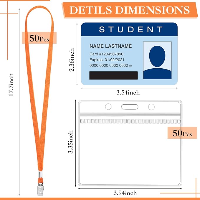 Marspark 50 Sets Clear Name Tags with Lanyard, Lanyards for ID Badges Reusable Strap with ID Holder Plastic Name Badges for Adults Business School Church Conference (Orange)