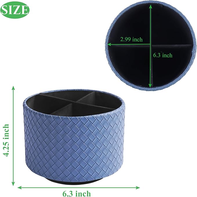 Hennaja Round Leather Art Supply Organizer,Remote Control Holder,360 Degree Spinning,Multi-Functional Pencil Holder,4 Compartments Desktop Stationary Organizer(1-Weave Blue)