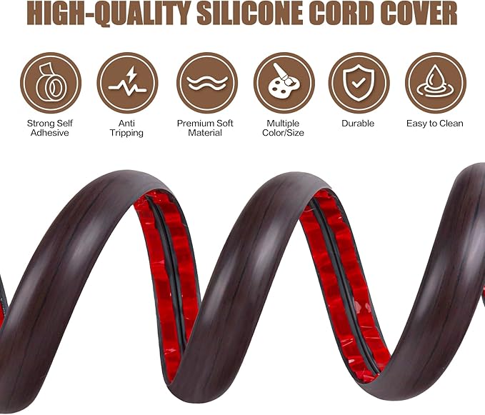 Floor Cord Cover Cavity 0.8"x0.37" Self Adhesive Cord Hider, 10FT Low Profile Cable Management, Extension Strip Protector for Wires, Prevent Cable Trips for Offices, Gyms, Exhibitions（Black Wood）