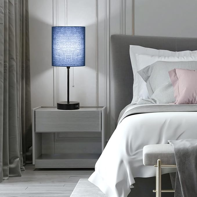 Table Lamps Set of 2 with USB Charging Ports, Blue Bedside Lamps with AC Outlet, Nightstand Lamps with Pull Chain Switch, Minimalist Modern Desk Lamps with Fabric Shade for Living Room Bedroom Office