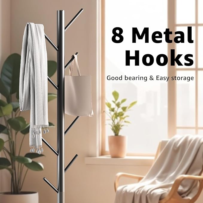 Coat Rack with Natural Marble Base, Metal Freestanding Coat Rack with 8 Hooks, 3 Adjustable Size Sturdy Coat Tree for Bags, Coats, and Hats for Entryway, Hallway, Bedroom, Office, Black
