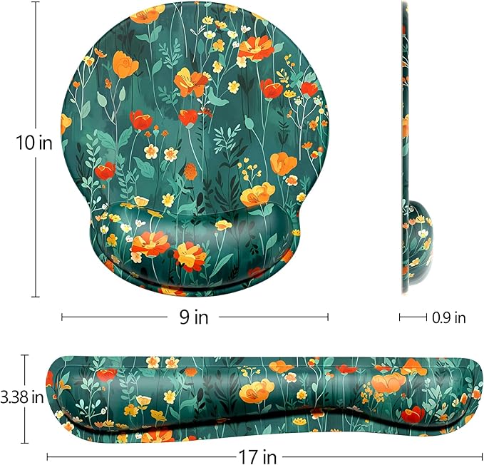 Dapesuom Keyboard Wrist Rest and Mouse Pad with Wrist Support, Cute Memory Foam Cushion for Keyboard and Mouse Set, Desktop Pad Rests with Non Slip Base for Easy Typing & Pain Relief, Forest Flowers