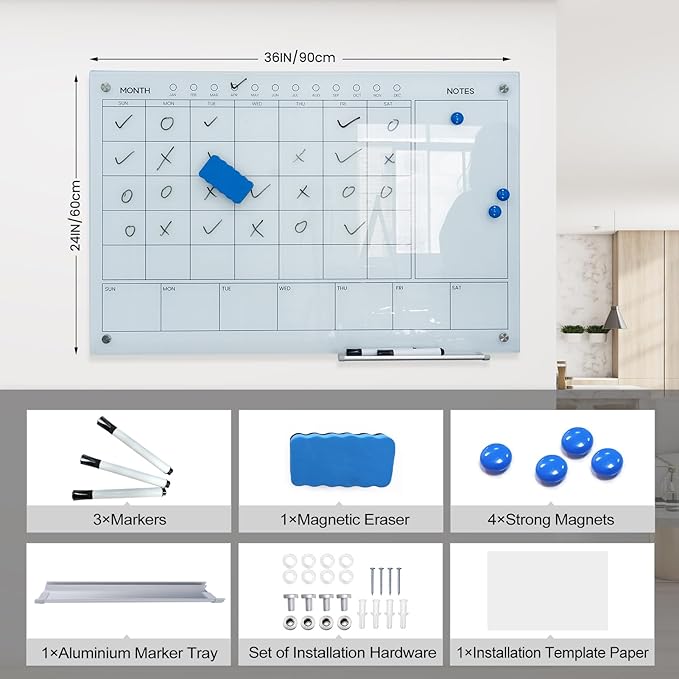 Magnetic Glass Whiteboard 36X24 Monthly Planner Calendar Dry Erase Board for Home, School, Office, Frameless, with Markers, Marker Tray, Eraser, Magnets (White)