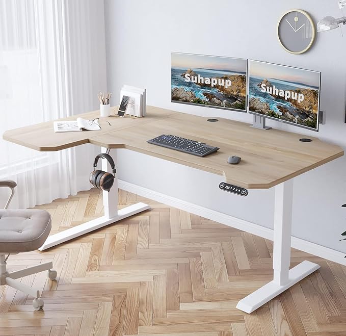 Electric Height Adjustable Standing Desk, Sit - Stand Desk for Work or Home Office Push Button Memory Settings Splice Board (Light Oak, 59x24)