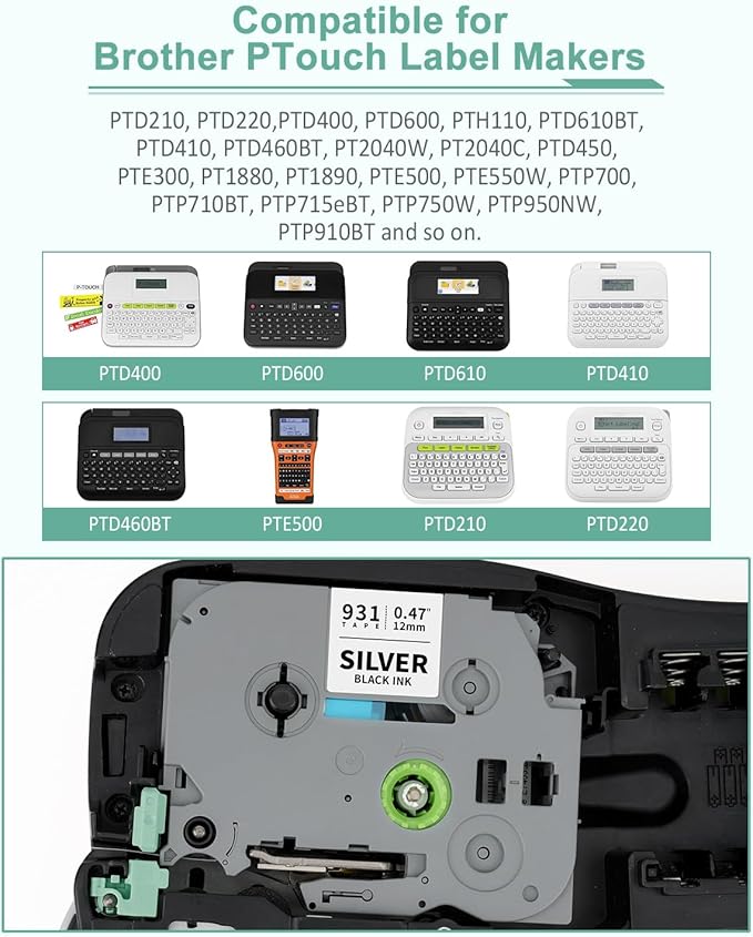 6-Pack 12mm 0.47" Laminated Multi-Color Label Tape Compatible for Brother Tze-931 Tze-831 Tze-233 Tze-334 Tze-335 P Touch Tape Tze Tz 12mm 0.47" Color for PTH110 PTD220 PTD210 PTD400 PTD610BT